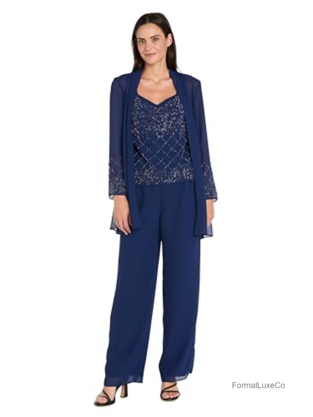 R&M Richards 3-Piece Pebble Georgette Pantsuit Beaded Mother of the Bride